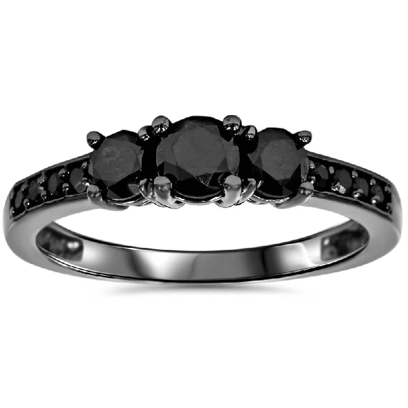 women three-stone engagement rings -1 1/5ct Heat Treated Black Diamond 3 Stone Ring 10K Black Gold