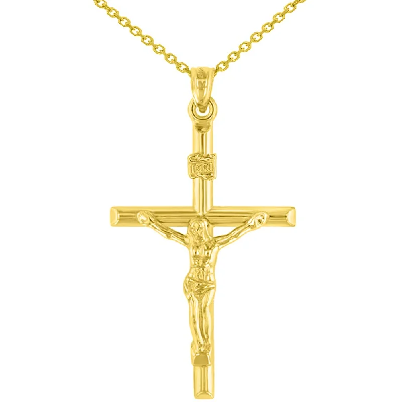 women fancy necklaces -14K Yellow Gold INRI Crucifix Tubular Simple Polished Cross Pendant Necklace