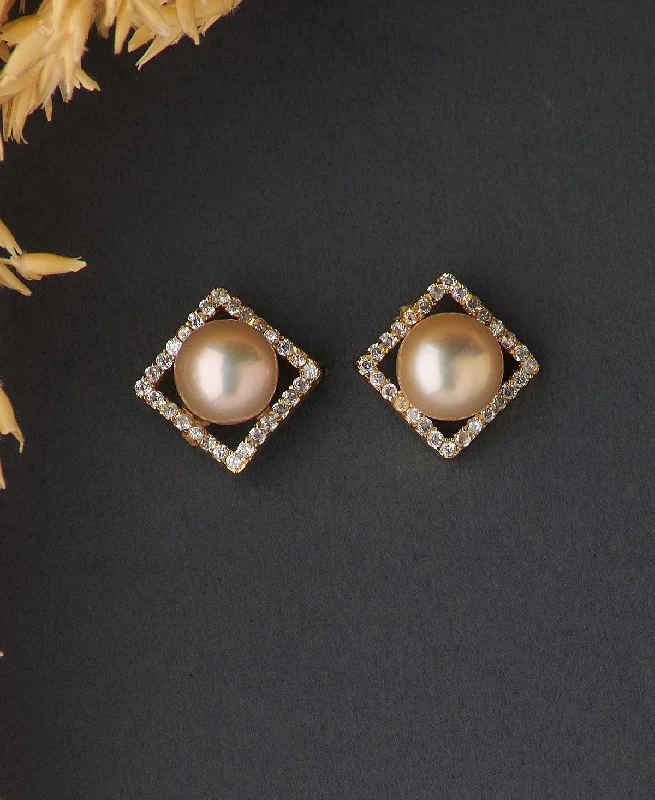 women clip-on earrings -Regal Pearl Stone Stud Earring