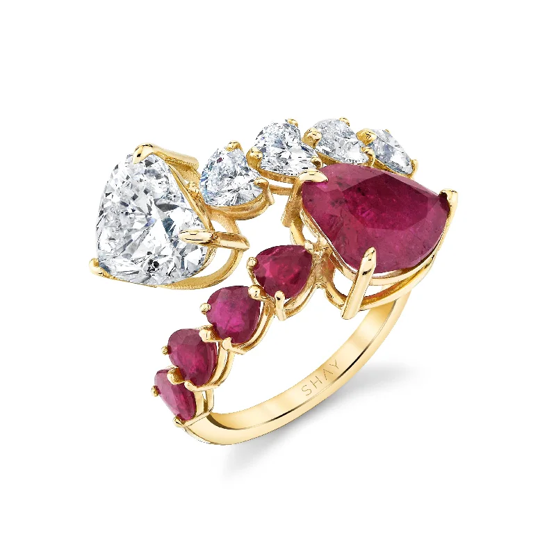 women cocktail rings -RUBY & DIAMOND HEART BYPASS RING