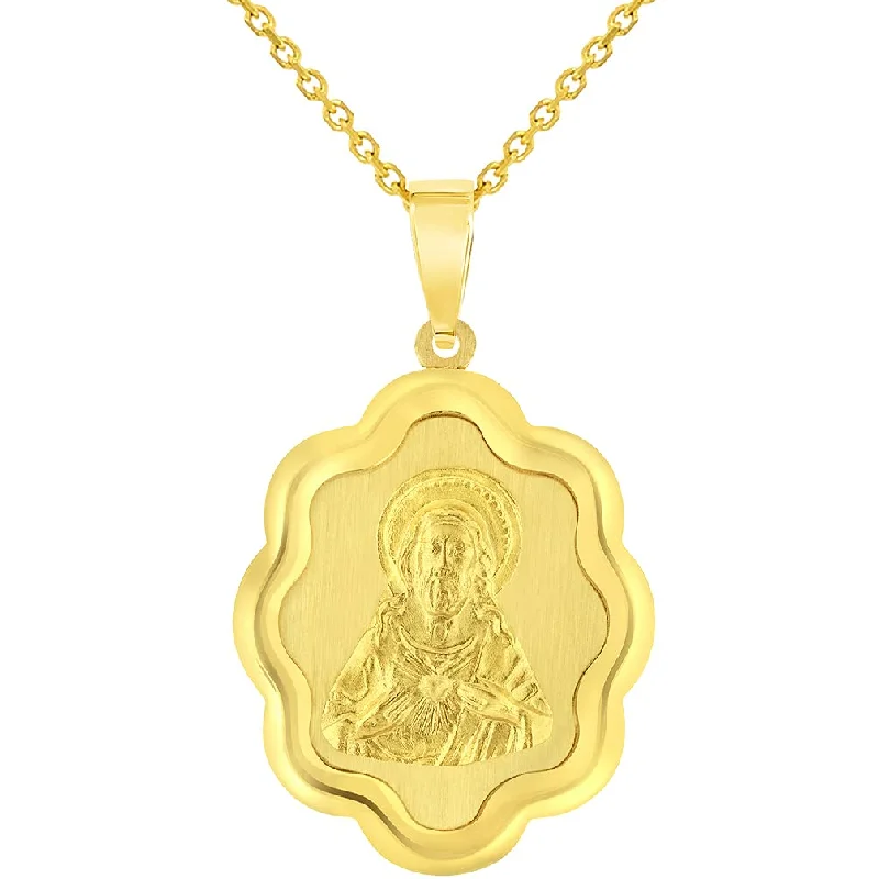 women oversized necklaces -14k Yellow Gold Sacred Heart of Jesus Christ On Elegant Miraculous Medal Pendant Necklace