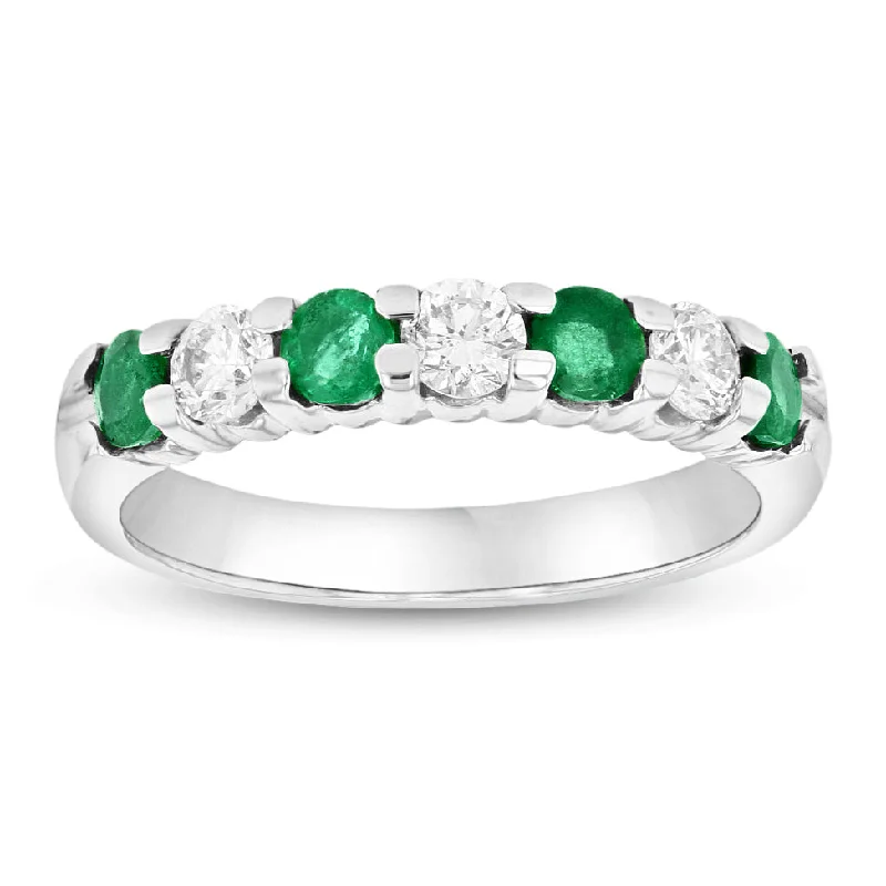 women moissanite engagement rings -14K Gold Ring 1.00ct tw Round Diamonds and Emeralds Prong Set Band