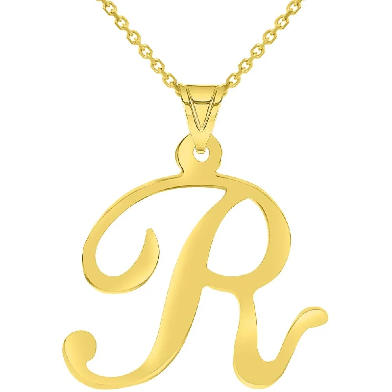 women ruby necklaces -14k Yellow Gold Dainty Uppercase Script Initial R Cursive Letter Pendant Necklace