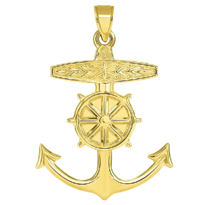 women boho necklaces -14k Yellow Gold 3D Ship Anchor and Wheel Nautical Pendant