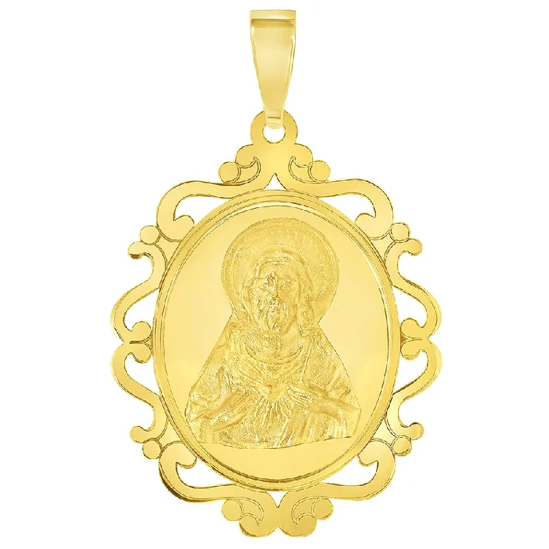 women round pendant necklaces -14k Yellow Gold Sacred Heart of Jesus Christ On Elegant Ornate Miraculous Medal Pendant (1")