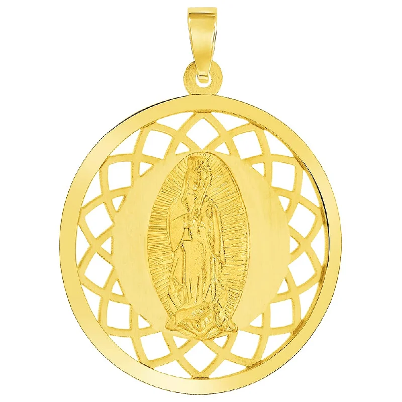 women bridal gold necklaces -14k Yellow Gold Round Open Ornate Miraculous Medal of Our Lady of Guadalupe Pendant