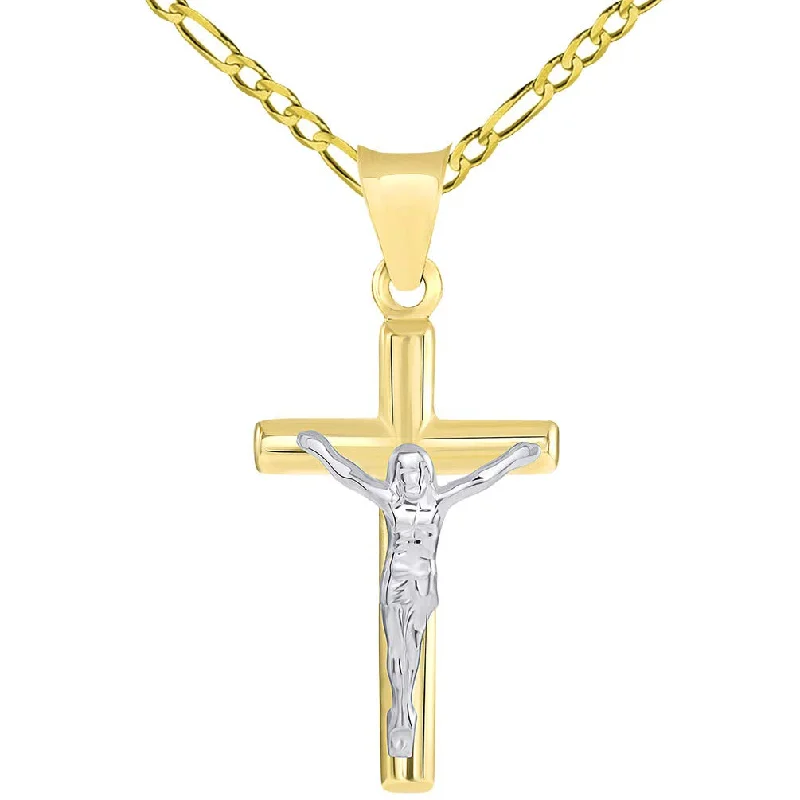 women designer necklaces -14k Two Tone Gold Small Latin Cross Crucifix Pendant Figaro Necklace