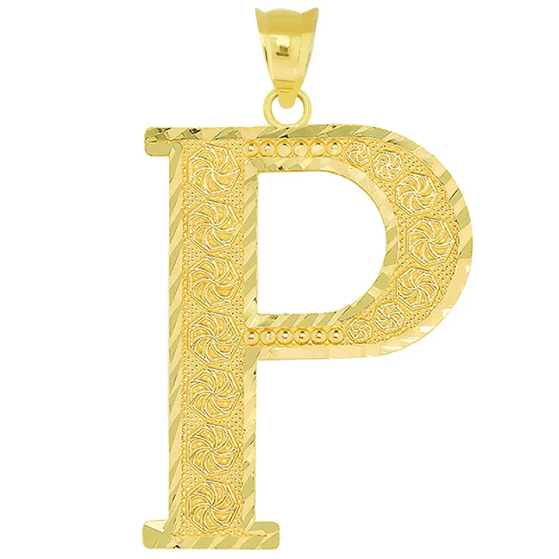 women gold necklaces -14k Yellow Gold Textured Uppercase Initial P Letter Pendant with Eternity Symbols 1 inch