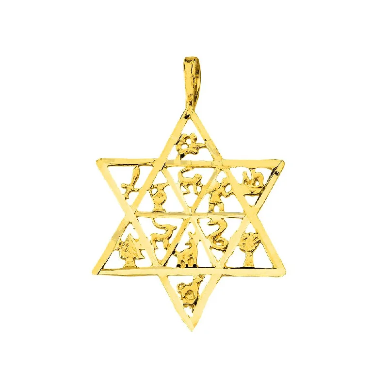 women casual necklaces -14k Yellow Gold Textured Star of David Charm with 12 Tribes of Israel Pendant