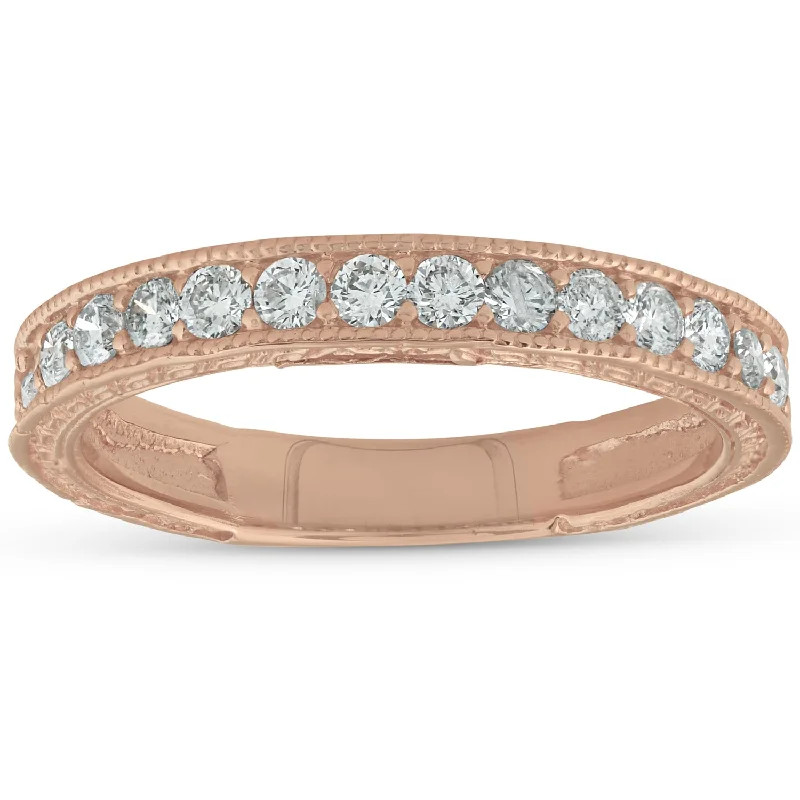 women designer engagement rings -14k Rose Gold 1/3ct Diamond Vintage Wedding Ring Scroll Pattern Stackable Band