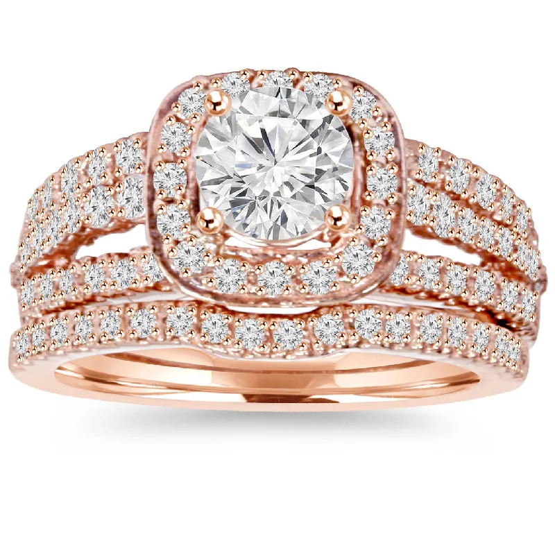 women antique-style engagement rings -1.50CT Cushion Halo Diamond Engagement Ring Set 14K Rose Gold