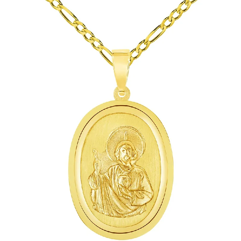 women engraved pendant necklaces -14k Yellow Gold Oval Miraculous Medal of Saint Jude Thaddeus the Apostle Pendant with Figaro Chain Necklace