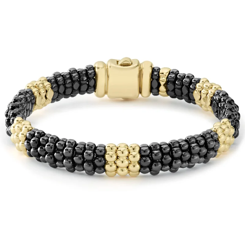 women bracelet bangles sets -Black Caviar 18K Gold Station Ceramic Beaded Bracelet | 9mm