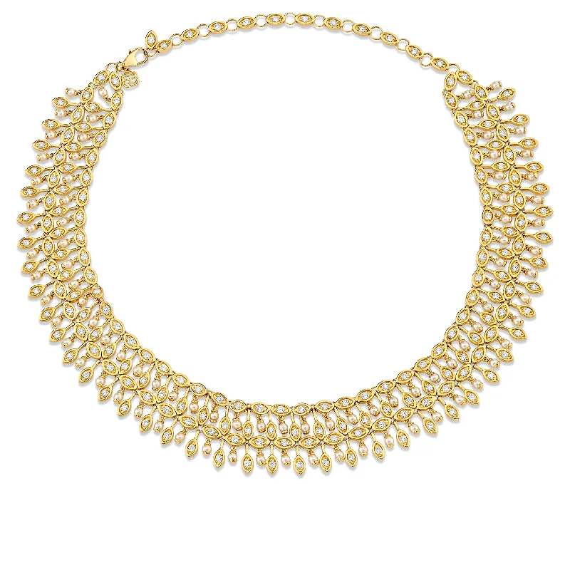 women designer necklaces -Gold, Diamond & Pearl Marquise Eye Collar Necklace