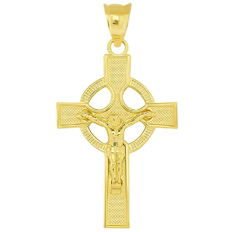 women crystal necklaces -Solid 14k Yellow Gold Celtic Cross Crucifix with Eternity Circle Pendant