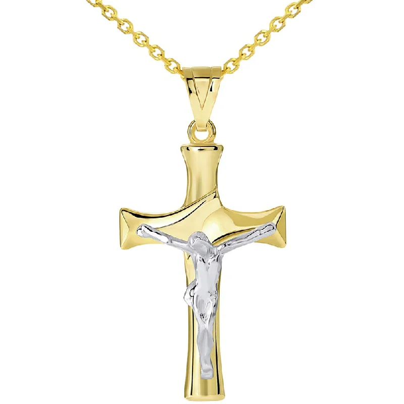 women teardrop necklaces -Solid 14k Two-Tone Gold Fancy Christian Cross Jesus Crucifix Pendant Necklace