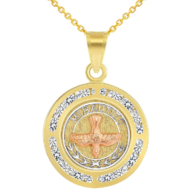 women bridal necklaces -14k Yellow and Rose Gold Cubic-Zirconia Mi Bautizo Holy Spirit Dove Medallion Pendant with Cable Necklace