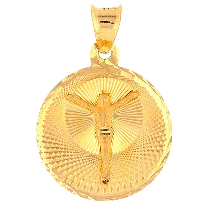 women minimalist gold necklaces -Religious by Jewelry America Textured 14k Gold Jesus Christ Crucifix Round Medallion Charm Pendant