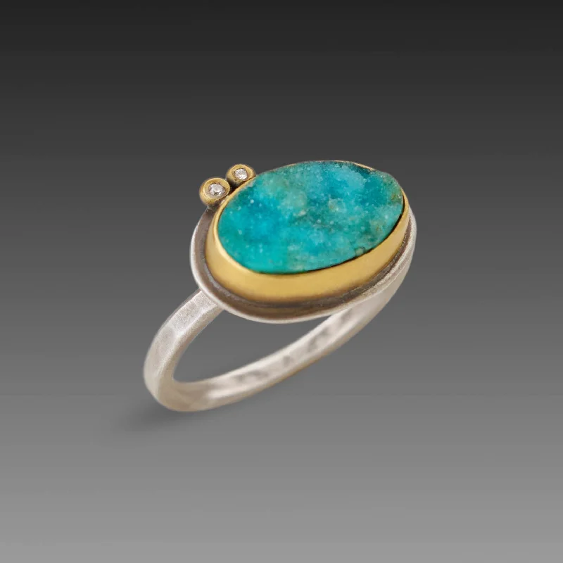 women vintage-style rings -Chrysocolla Druzy Ring with Two Diamonds