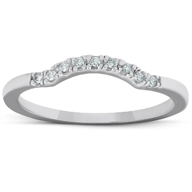 women classic engagement rings -1/15ct Curved Contour Notched Diamond Wedding Ring 14K White Gold