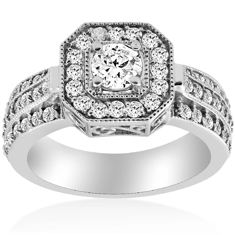 women halo diamond engagement rings -1ct Vintage Diamond Engagement Ring 14K White Gold Halo Round Cut