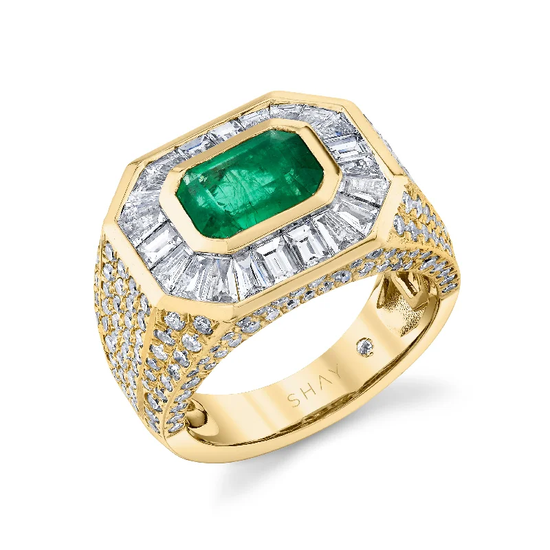 women solitaire rings -EMERALD & MIXED DIAMOND CHAMPIONSHIP PINKY RING