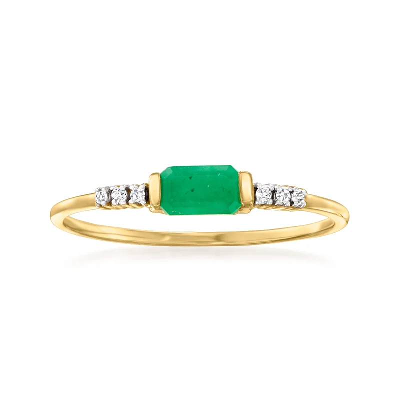 women simple engagement rings -RS Pure by Ross-Simons Emerald Ring With Diamond Accents in 14kt Yellow Gold