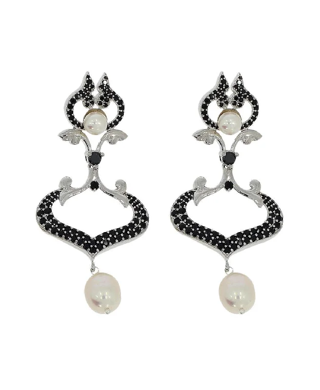 women teardrop earrings -Impressive Rhodium Pearl Hoop Earrings