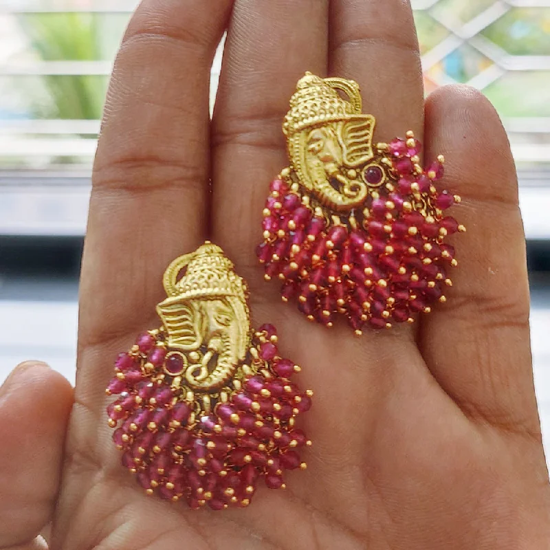 women modern earrings -Joyful Jewel Art Matte Gold Plated Pota Stone And Pearl Lord Ganesha Dangler Earrings