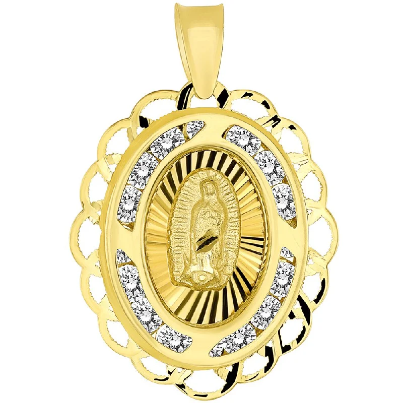 women vintage charm necklaces -14k Yellow Gold Fancy Our Lady of Guadalupe Mary CZ Studded Oval Medallion Charm Pendant