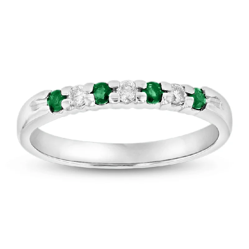 women men’s engagement rings -14k Gold Ring 0.27ct tw Round Diamonds and Emeralds Prong Set Band