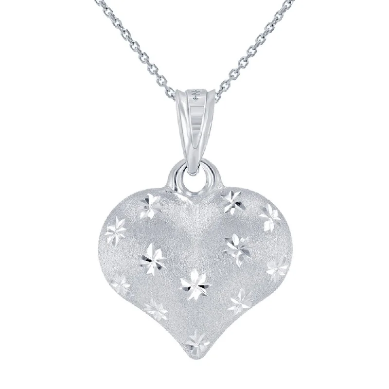 women luxury diamond necklaces -Polished 14K White Gold Satin Heart with Star Texture Charm Pendant Necklace