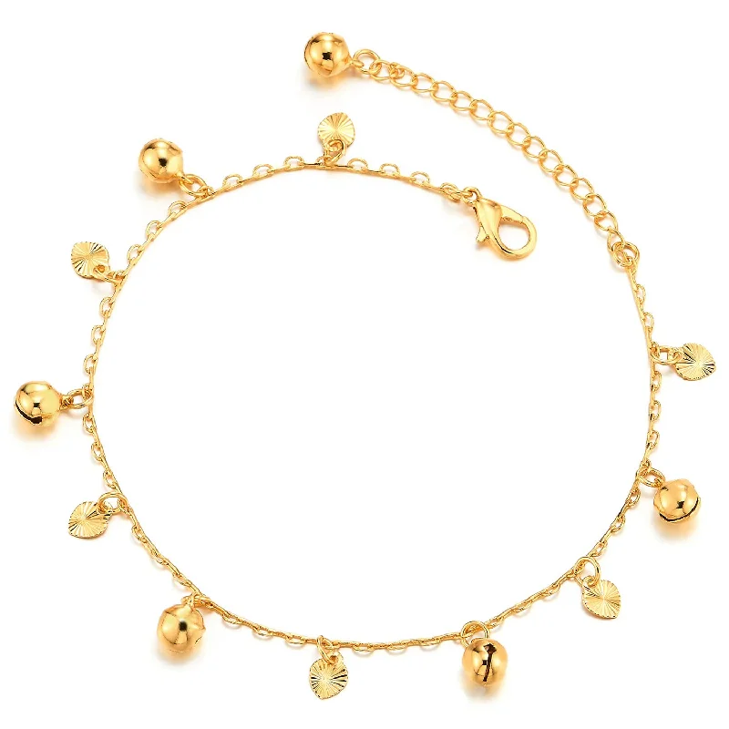 women heart-shaped bracelets -Beautiful Gold Link Chain Anklet Bracelet with Dangling Grooved Hearts and Jingle Bells, Adjustable