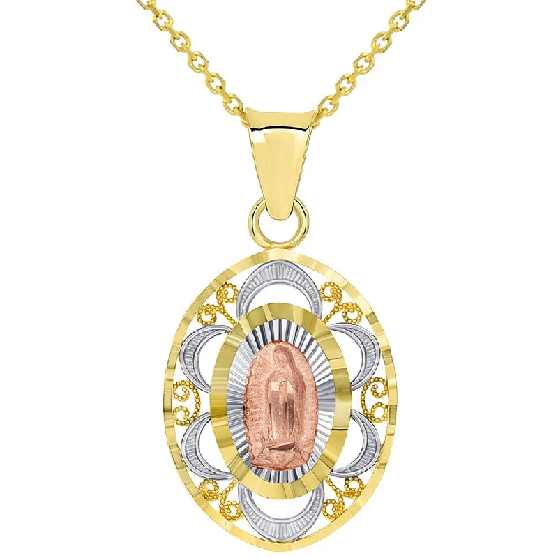 women flower pendant necklaces -Solid 14k Tri-Color Gold Filigree Our Lady of Guadalupe Oval Medallion Charm Pendant Necklace