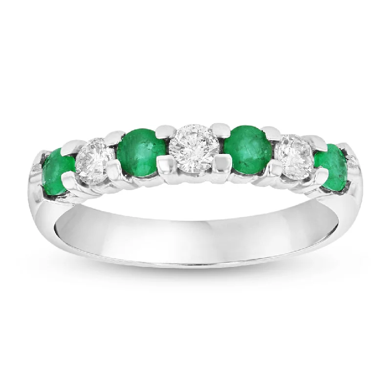 women platinum solitaire engagement rings -14K Gold Ring 0.78ct tw Round Diamonds and Emeralds Prong Set Band