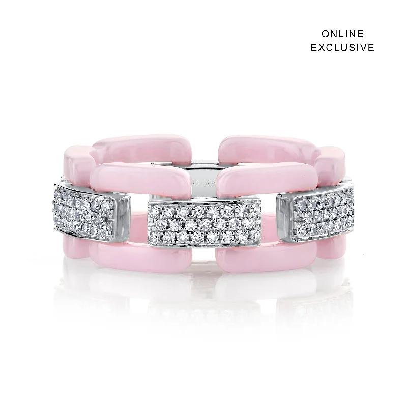 women classic rings -DIAMOND PAVE PINK CERAMIC DECO LINK RING