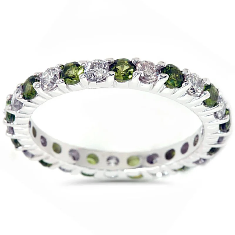 women antique engagement rings -1 1/2ct Peridot & Diamond Common Prong Eternity Wedding Ring 14K White Gold