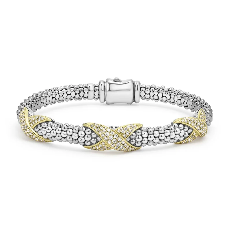 women multi-strand bracelets -Embrace Three Station Diamond X Caviar Bracelet | 6mm