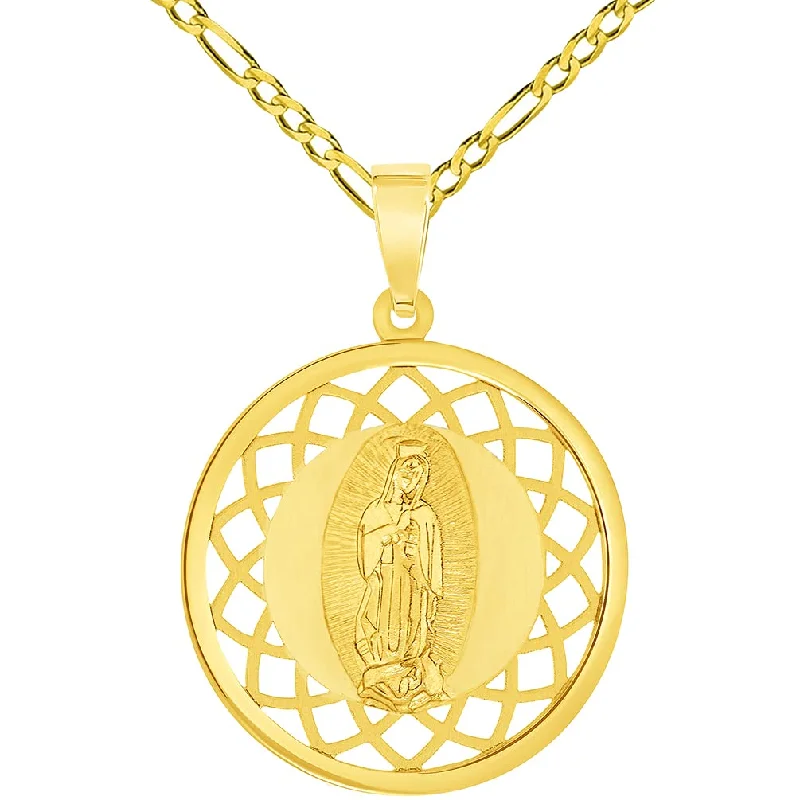 women vintage charm necklaces -14k Yellow Gold Round Medal of Our Lady of Guadalupe Pendant with Figaro Chain Necklace