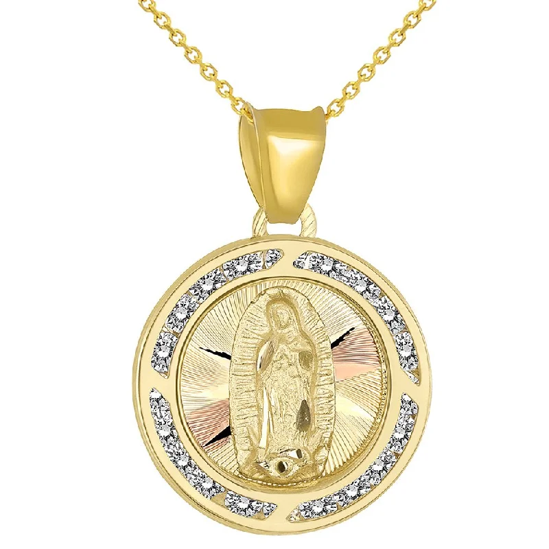 women long pendant necklaces -14k Yellow Gold Round CZ Religious Our Lady of Guadalupe Mary Medal Pendant Necklace