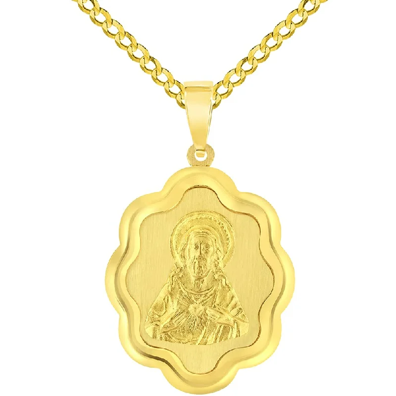 women spiral necklaces -14k Yellow Gold Sacred Heart of Jesus Christ On Elegant Miraculous Medal Pendant with Cuban Chain Curb Necklace