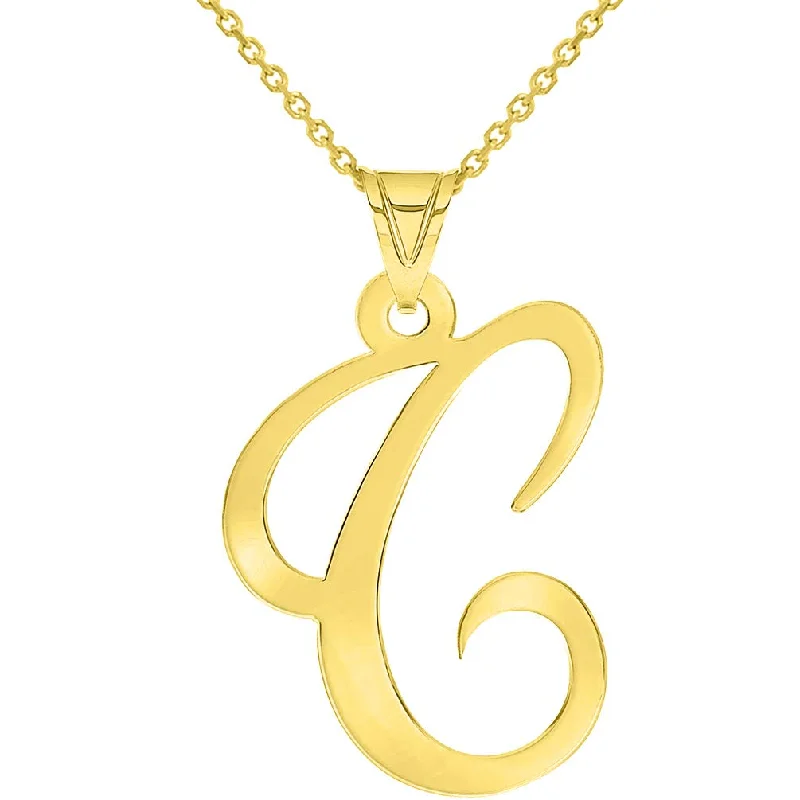 women spiral necklaces -14k Yellow Gold Dainty Uppercase Script Initial C Cursive Letter Pendant Necklace