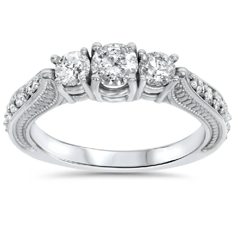 women modern solitaire engagement rings -1ct 3 Stone Vintage Diamond Engagement Ring 14K White Gold