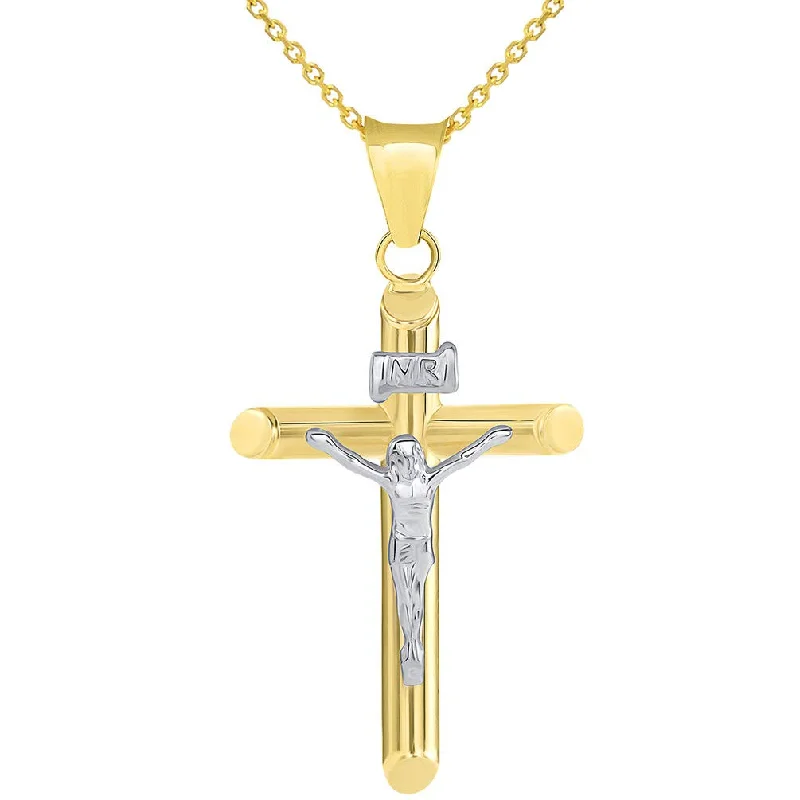 women star pendant necklaces -14k Two Tone Gold Tubular Cross INRI Crucifix Pendant Necklace