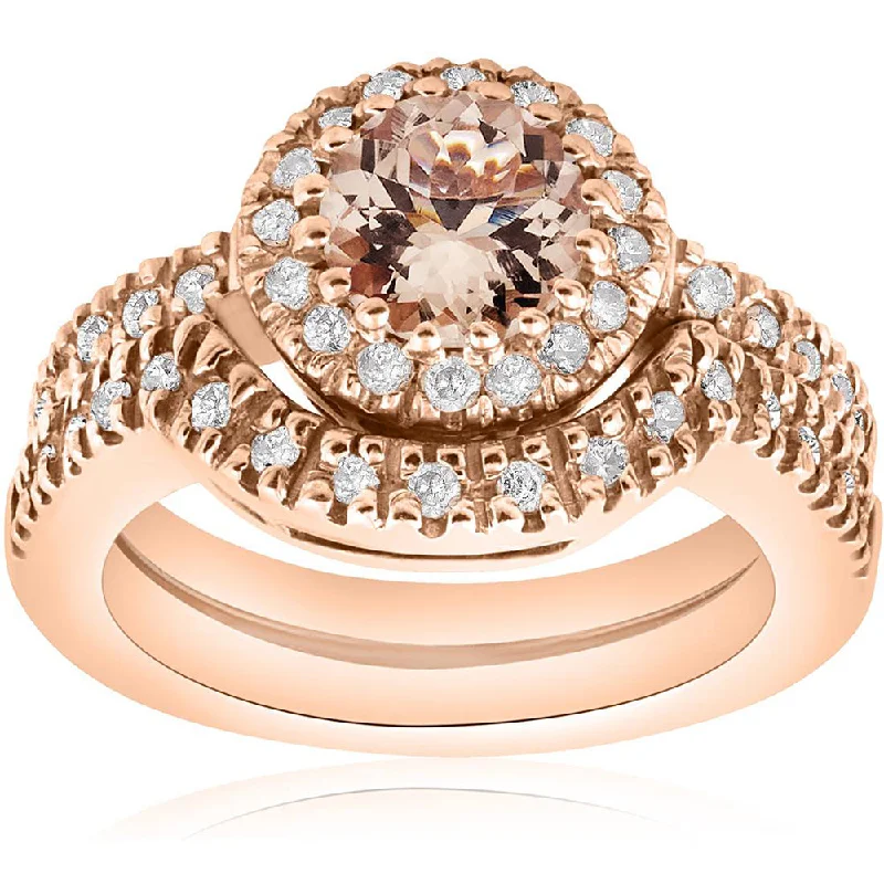 women colorful gemstone engagement rings -1 3/8 Ct Morganite & Diamond Engagement Ring Set 14K Rose Gold