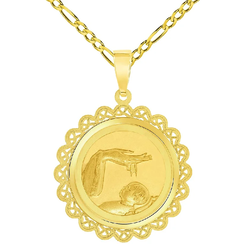 women zodiac necklaces -14k Yellow Gold Religious Baptism Charm Christening On Round Ornate Medal Pendant with Figaro Chain Necklace