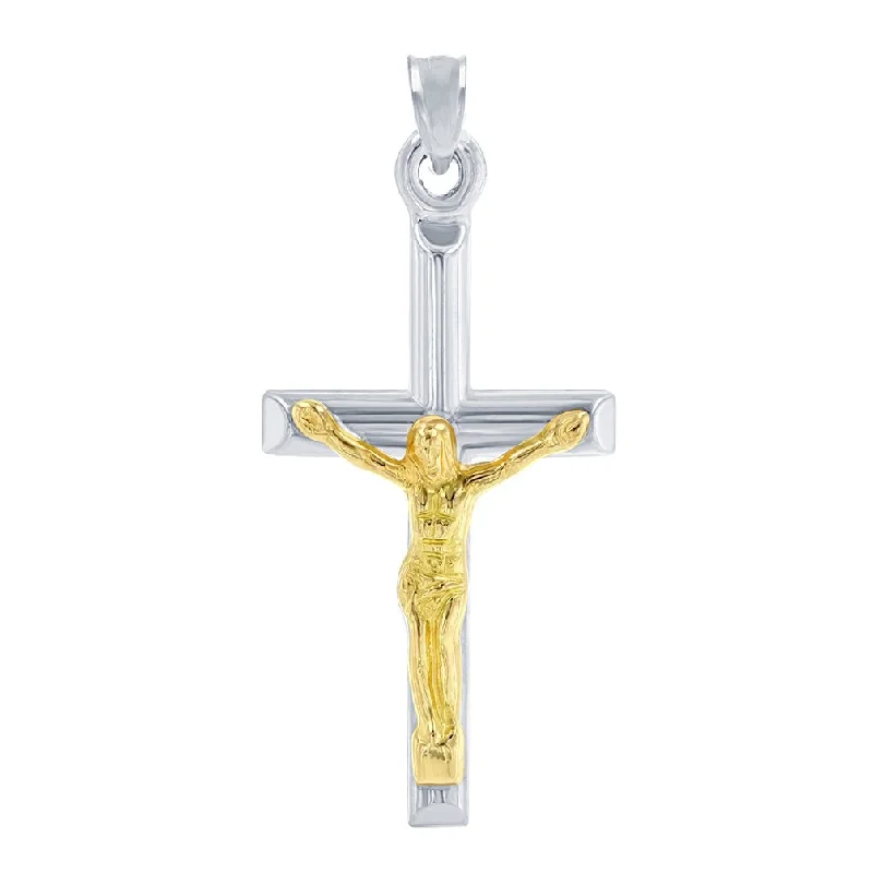 women statement necklaces -14K White Gold Two Tone Mini Cross with Jesus Crucifix Charm Pendant