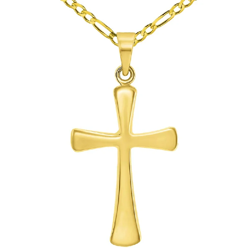 women link necklaces -14k Yellow Gold High Polished Religious Plain Simple Cross Pendant with Figaro Chain Necklace