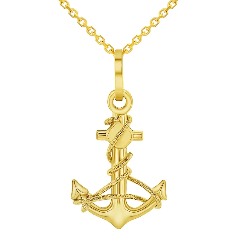 women rose gold pendant necklaces -Solid 14K Yellow Gold Polished Navy Anchor with Rope Charm Pendant with Rolo Cable Chain Necklace