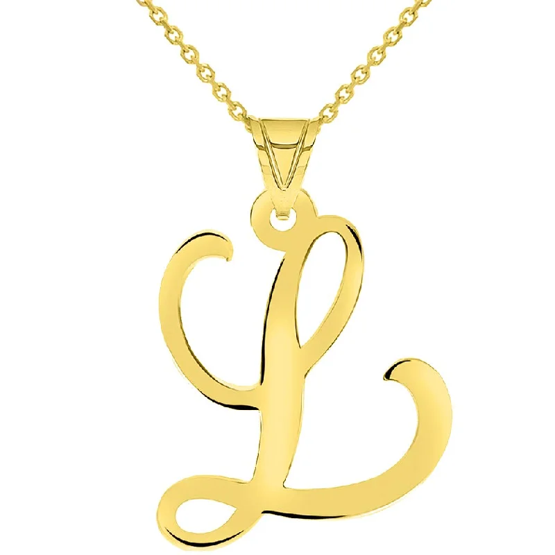 women boho necklaces -14k Yellow Gold Dainty Uppercase Script Initial L Cursive Letter Pendant Necklace